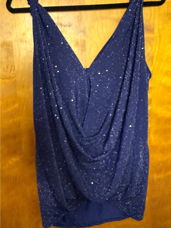 Tops - Blue Sparkly Cowl Back Tank Top Sleeveless Glitter Party Top